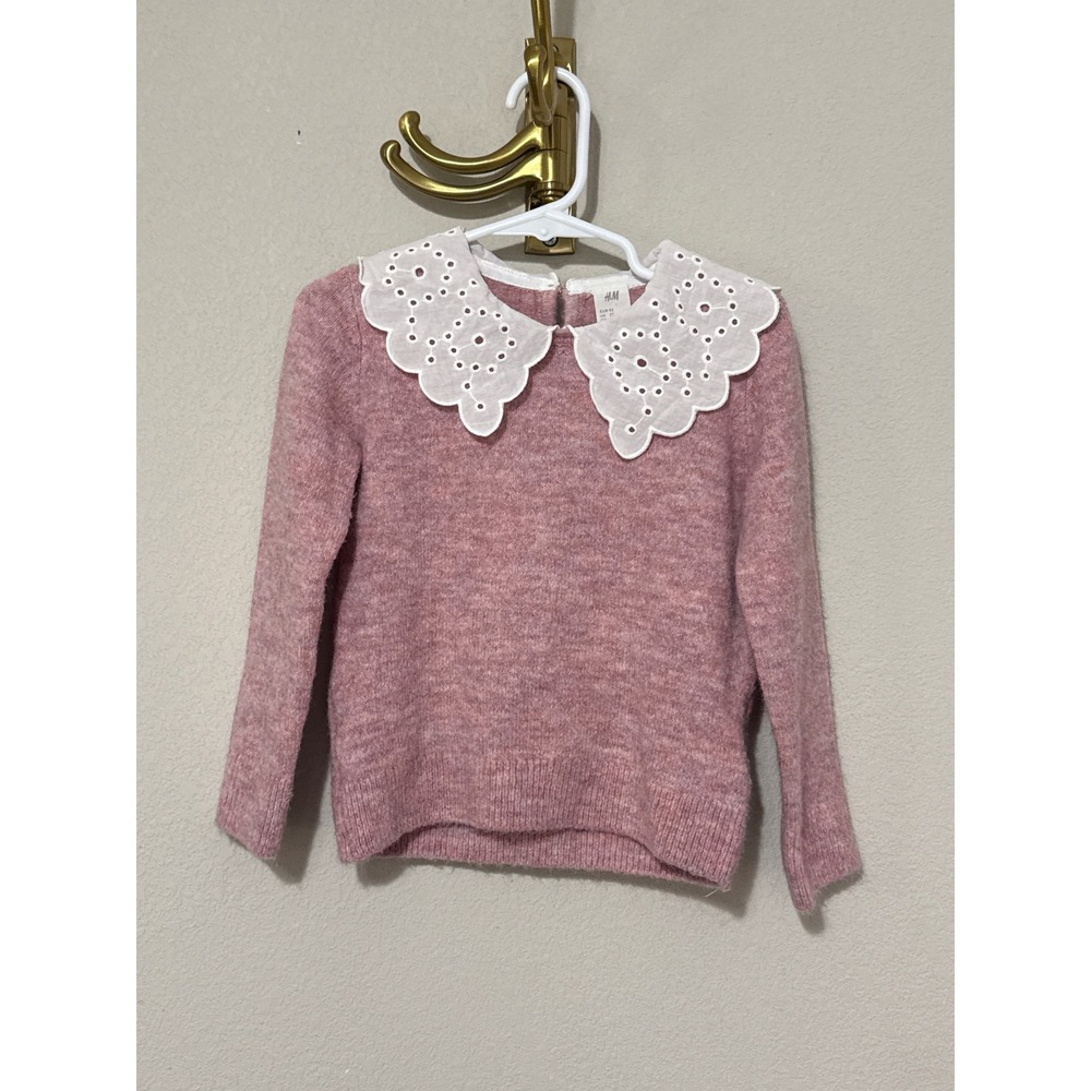 H&M Eyelet Collar Sweater Toddler 2T Pink Knit Peter Pan Lace Long Sleeve